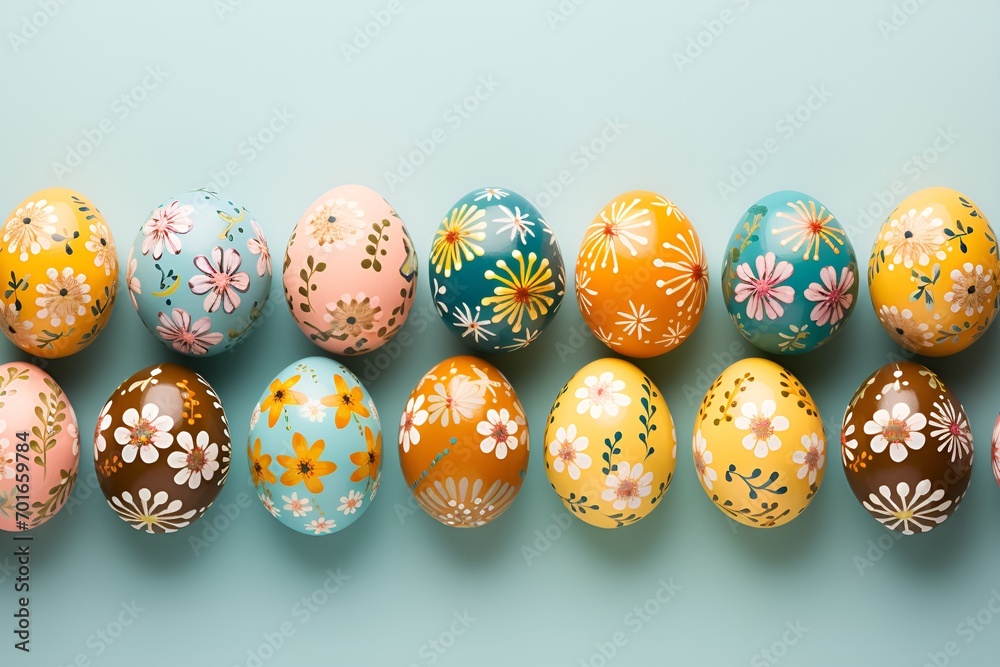 Pastel handmade decorated Easter eggs on a light blue background. Pastel handmade decorated Easter eggs on a light blue background.