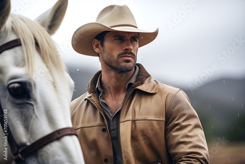 Handsome muscular cowboy standing next to a white horse, mountains in the background.