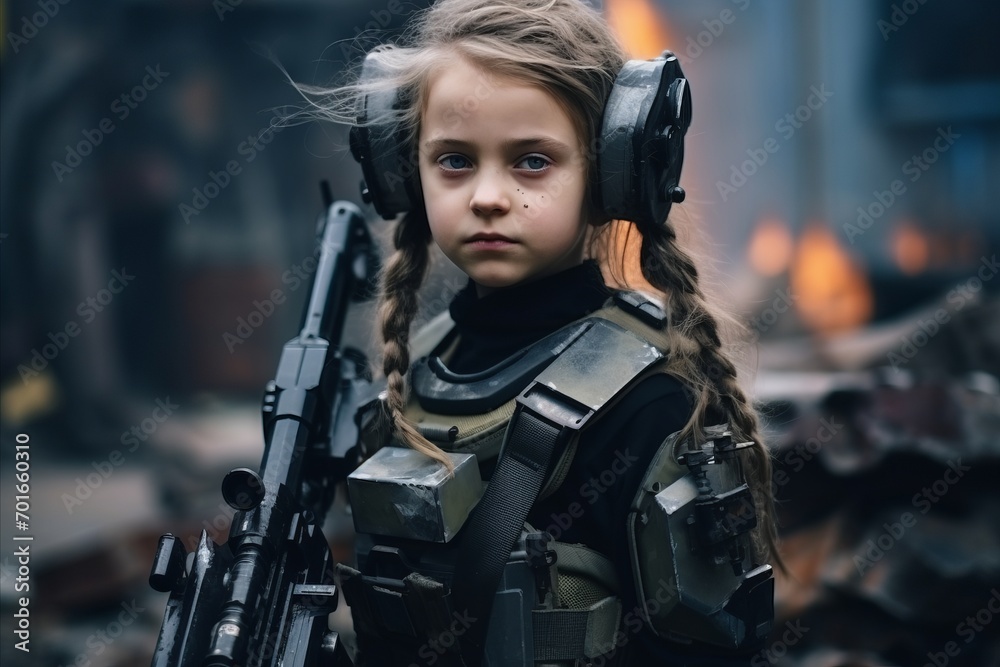 Portrait of a little girl in military uniform with a machine gun Portrait of a little girl in military uniform with a machine gun