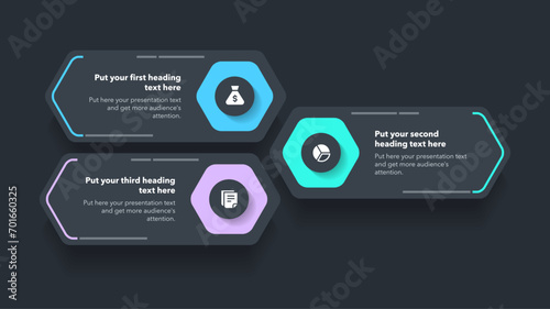 Modern diagram with three options with icons and a place for your text - dark version. Flat infographic design for website, marketing or promotion.