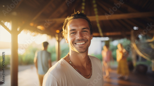 Portrait of a happy and smiling man, yoga teacher in yoga retreat on tropical island photo