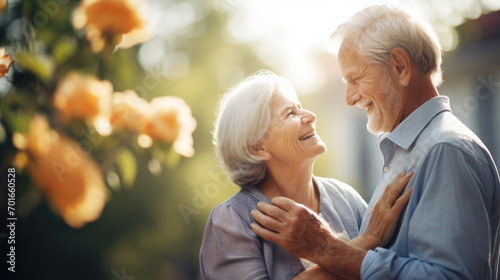 Romantic senior couple hugging each other in the garden, expressing their love photo