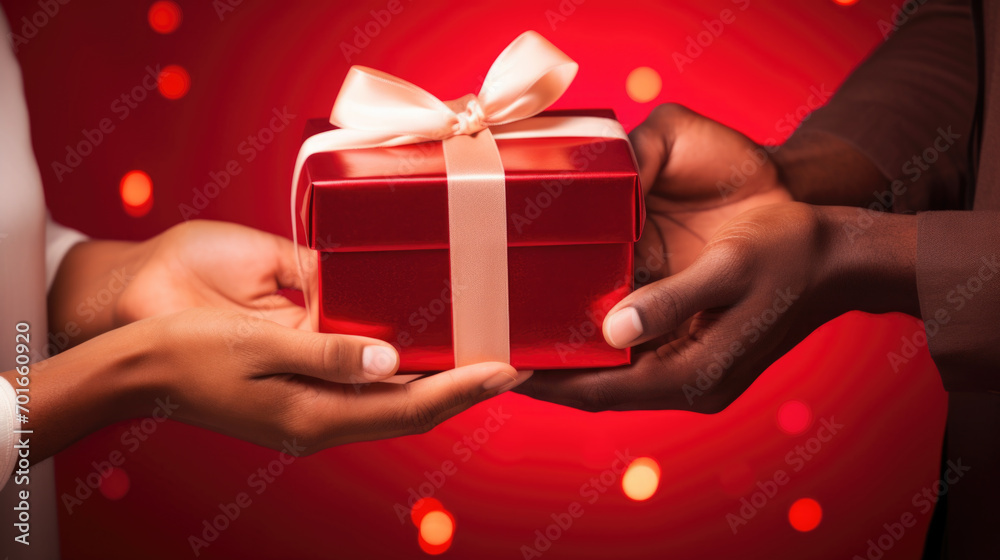 Male and female hands holding a red gift box with ribbon close up. Valentines day, love, birthday, Women's day, celebration concept.