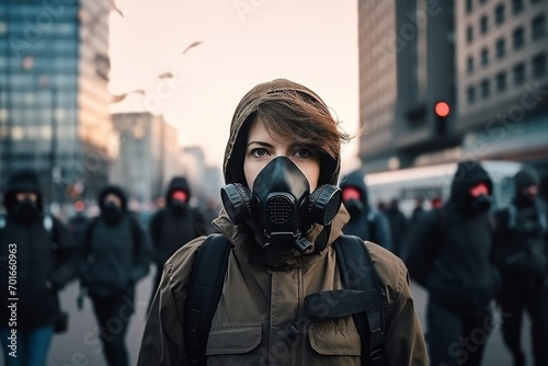 Young woman in a gas mask on the background of the city.