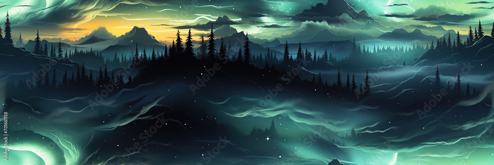 panorama with green northern lights at night in the sky with stars with a seamless pattern on the background of a forest
