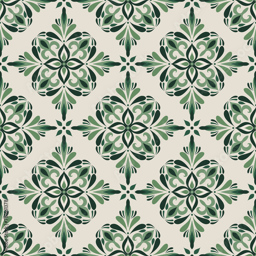 Seamless green patchwork tile with Islam, Arabic, Indian, ottoman motifs. Ceramic tile in talavera style. Vector illustration.