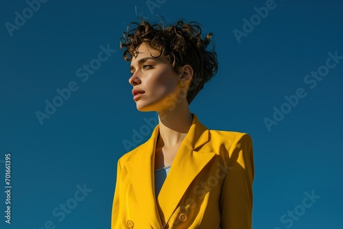 Chic Woman in Vibrant Yellow Jacket. Generative AI.