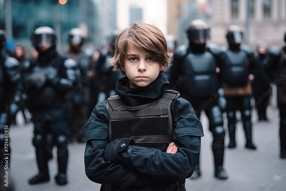 portrait of young boy standing with arms folded in front of riot police portrait of young boy standing with arms folded in front of riot police