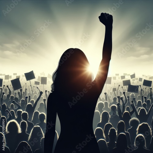 Silhouette of a powerful girl with a raised fist on a grunge background, symbolizing People Power Day and themes of Women's Day and the Women's March. 