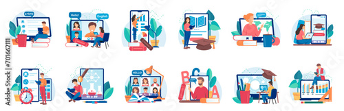 E-learning, online education at home concept. Distance education, online courses. Flat vector illustration set photo