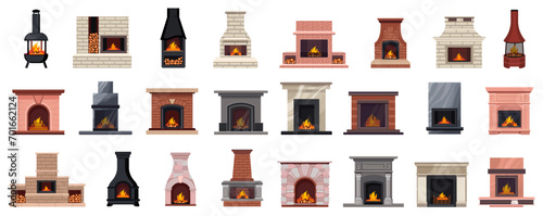 Fireplace flat icons set. Fireplaces and hearths design elements set.
