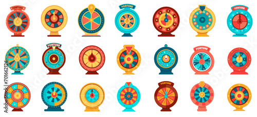 Roulette fortune spinning wheels flat icons casino money games or lucky vector elements.