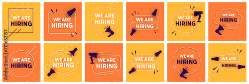 Hiring recruitment design poster. We are hiring with geometric shapes.