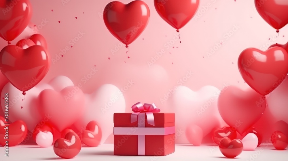 Valentine's day background, flying heart shape balloons and gift box on pink background. Generate AI
