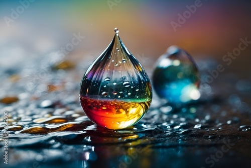 raindrop in slow motion camera settings, rainbow colors, a raindrop suspended in midair frozen in time