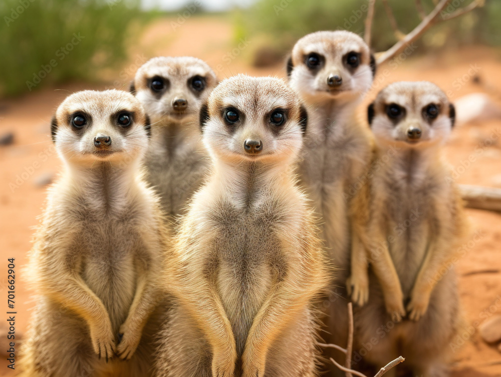 A group of playful meerkats standing alertly, displaying their curious and charming nature. A group of playful meerkats standing alertly, displaying their curious and charming nature.