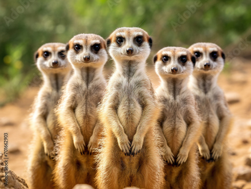 A group of adorable meerkats standing alertly, with a curious and charming expression on their faces. © Szalai
