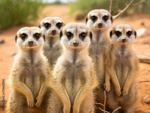 A group of playful meerkats standing alertly, displaying their curious and charming nature. © Szalai