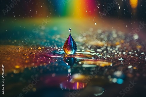 raindrop in slow motion camera settings, rainbow colors, a raindrop suspended in midair frozen in time photo