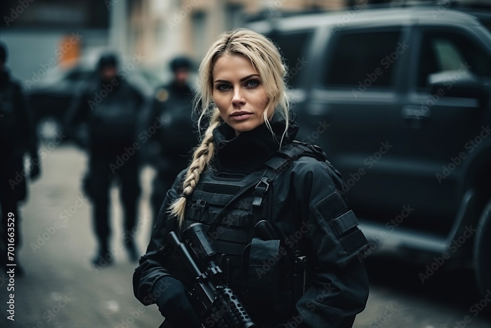 Portrait of a beautiful woman with a machine gun on the street Portrait of a beautiful woman with a machine gun on the street