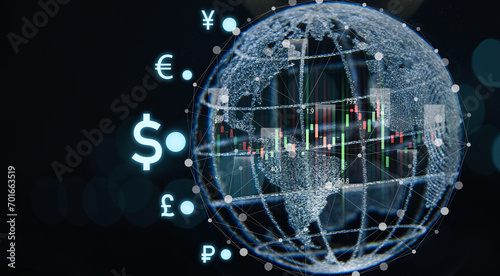 Glowing world with main currency include dollar yuan yen euro pound sterling won and ruble for global forex exchange and money trade transfers concept.