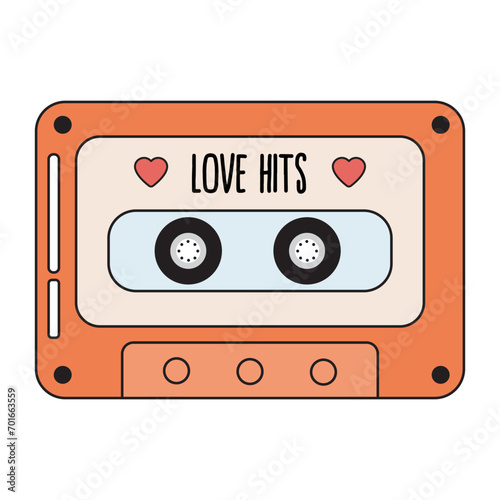 Audio cassette for tape recorder in retro style. Love hits  romantic music  ballds and songs for lovers. 60s  70s style of audio cassette.