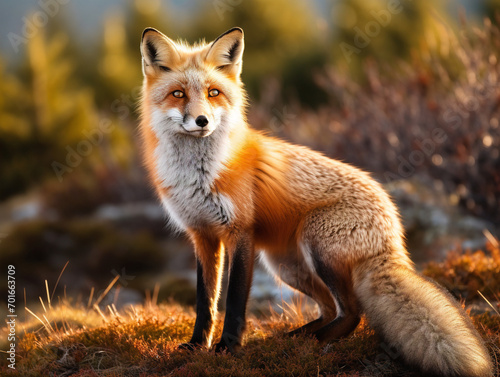 A beautiful red fox with a thick  bushy tail stands gracefully in a natural setting.