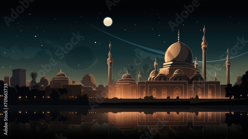 Mosque building architecture at night sky view with moon and stars background. Generate AI