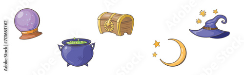 Magic Object and Element with Cauldron, Ball, Chest, Hat and Crescent Vector Set