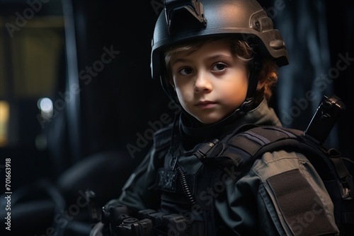 Portrait of a little boy in a military helmet with a pistol © Nerea