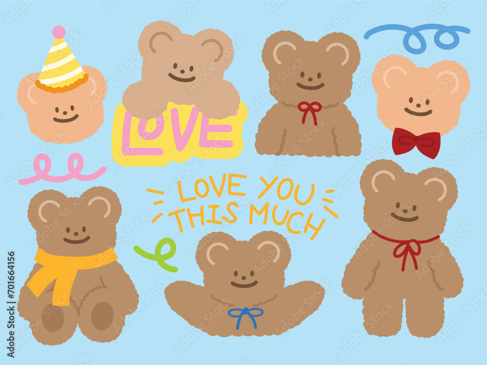 Teddy bear characters for cute animal sticker, decoration, brand logo, pet icon, vet, cartoon, comic, mascot, fabric print, ads, banner, frame, background, wallpaper, Valentine's Day element, winter