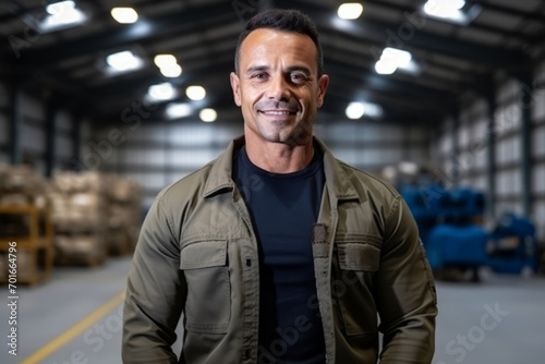 Portrait of a smiling warehouse worker standing with arms crossed in warehouse
