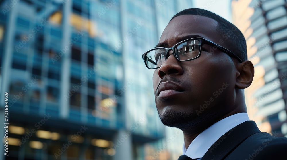 Confident African American businessman staring into the distance in front of a modern office building, thinking about a successful future Confident African American businessman staring into the distance in front of a modern office building, thinking about a successful future