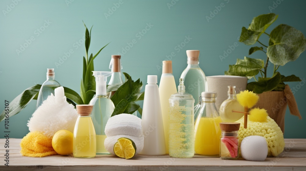 Bottles with natural detergent and sponges and cleaning supplies Bottles with natural detergent and sponges and cleaning supplies