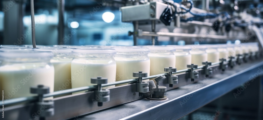 Automated dairy production line processing milk products. Industrial technology. Automated dairy production line processing milk products. Industrial technology.