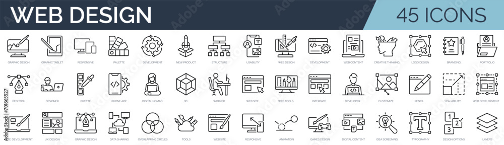 Set of 45 outline icons related to web design. Linear icon collection. Editable stroke. Vector illustration