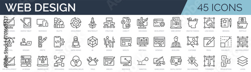 Set of 45 outline icons related to web design. Linear icon collection. Editable stroke. Vector illustration