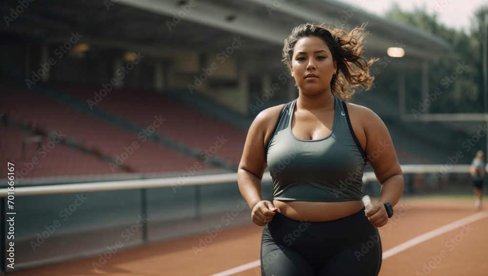 plus size sportswoman running on stadium track
