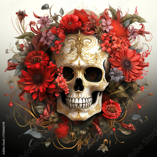 human skull in red flowers in retro vintage grunge style on white background