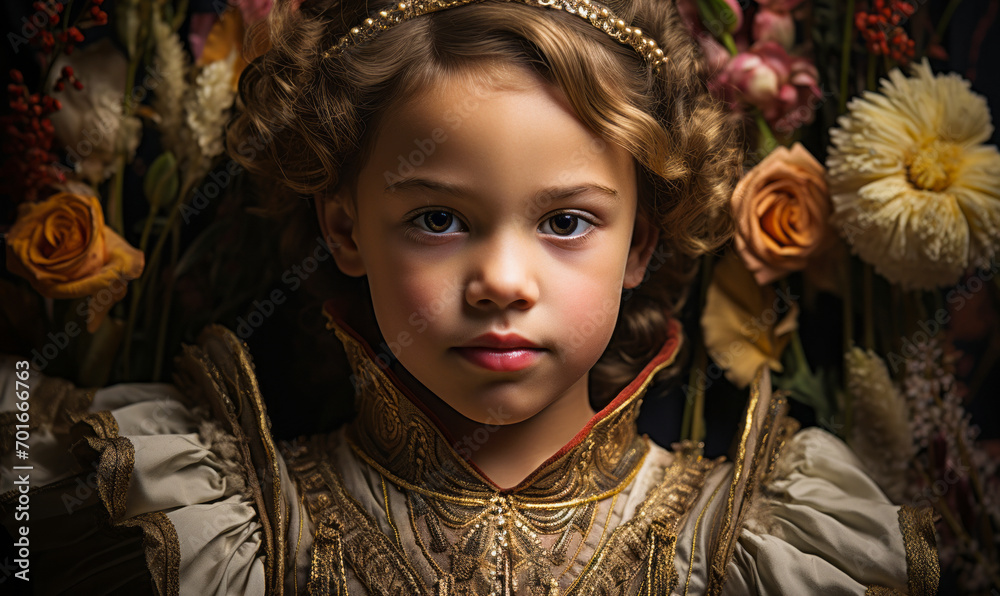 Regal Child in Renaissance Attire with Intricate Gold Embroidery, Surrounded by Tulips in a Classical Portrait - obrazy, fototapety, plakaty 