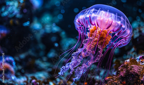 Ethereal Purple Jellyfish Floating Gracefully in the Depths of a Dark Ocean, Illuminated with a Bioluminescent Glow