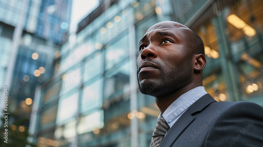 Confident African American businessman staring into the distance in front of a modern office building, thinking about a successful future Confident African American businessman staring into the distance in front of a modern office building, thinking about a successful future