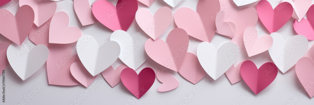 Paper cut pink and white hearts background, love and romantic wallpaper for Valentin's day, wedding celebration