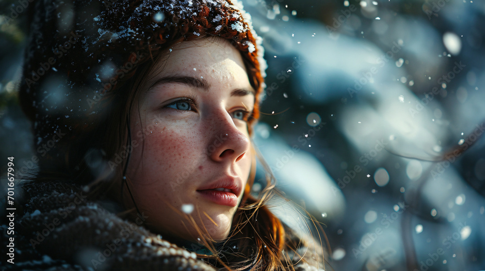 portrait of a woman in winter snowfall
