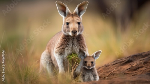 a gray kangaroo mom enjoying a meal of grass, her joey nestled comfortably