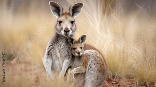 a gray kangaroo mom enjoying a meal of grass, her joey nestled comfortably in her pouch