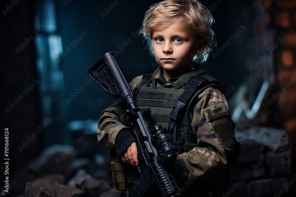 Portrait of a cute little boy in military uniform with assault rifle Portrait of a cute little boy in military uniform with assault rifle
