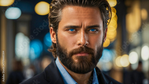 portrait of a beautiful man with bright blue eyes and a beard