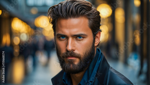 portrait of a bearded man with dark hair and sensual eyes