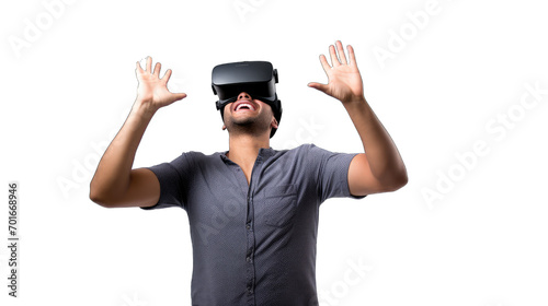 African man in vr glasses, playing video games with virtual reality headset, trying to touch metaverse on isolate transparency background, PNG
